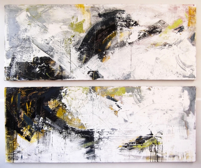 Rachel Halliwell 'Panel painting' (Diptych) Oil paint, emulsion, wax and white spirit on panel 146 x 175cm £700